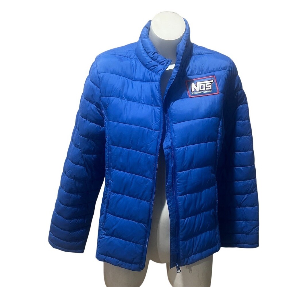 NOS Energy Drink Jacket Mens One Size Blue Quilted Puffer Full Zip Logo